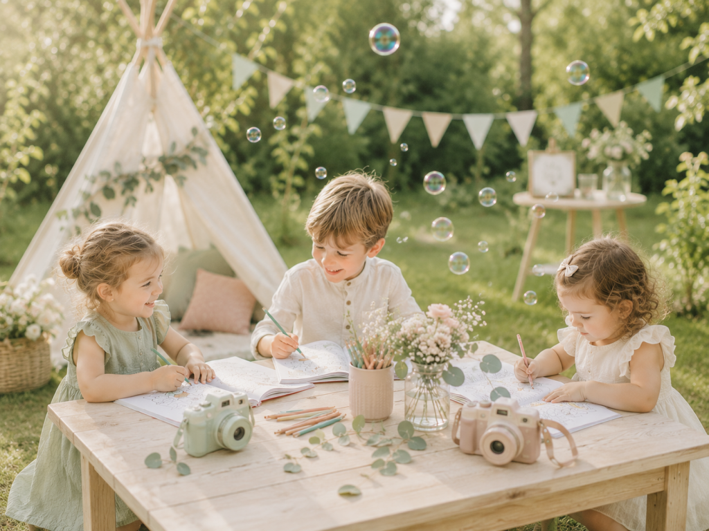 Kinder beschäftigen sich am Tisch auf einer Hochzeitsfeier