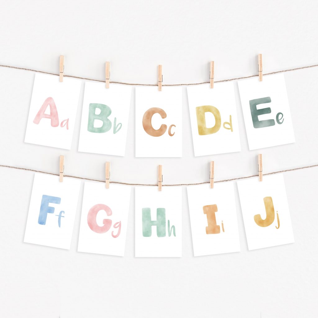 Aquarell Buchstaben Postkarten für die Einschulung als digitaler Download
