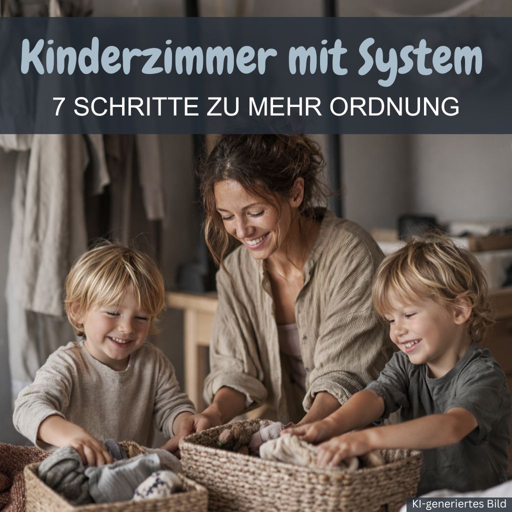 Mama und Kinder die Ordnung im Kinderzimmer machen