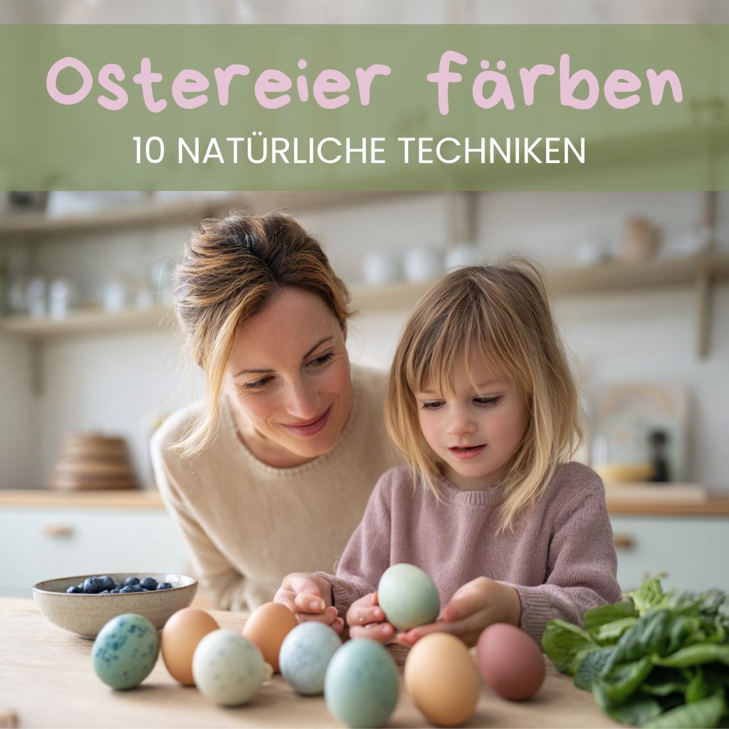 Mama und Kind färben Ostereier mit natürlichen Farben