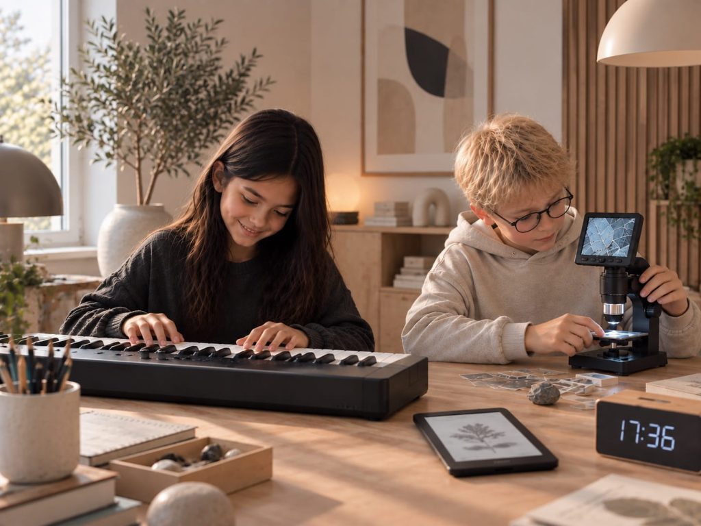 Kinder die sich mit ihren Technikgeschenken beschäftigen