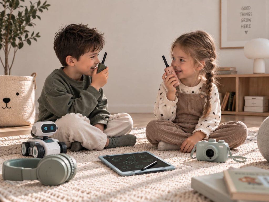 Kinder die mit ihren Walkie-Talkies spielen und andere Technikgeschenke vor sich liegen haben