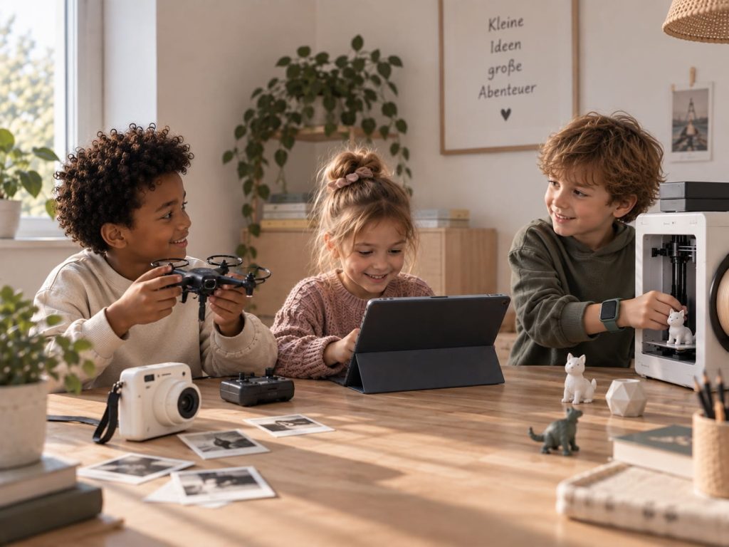 Kinder die sich mit ihren Technikgeschenken beschäftigen